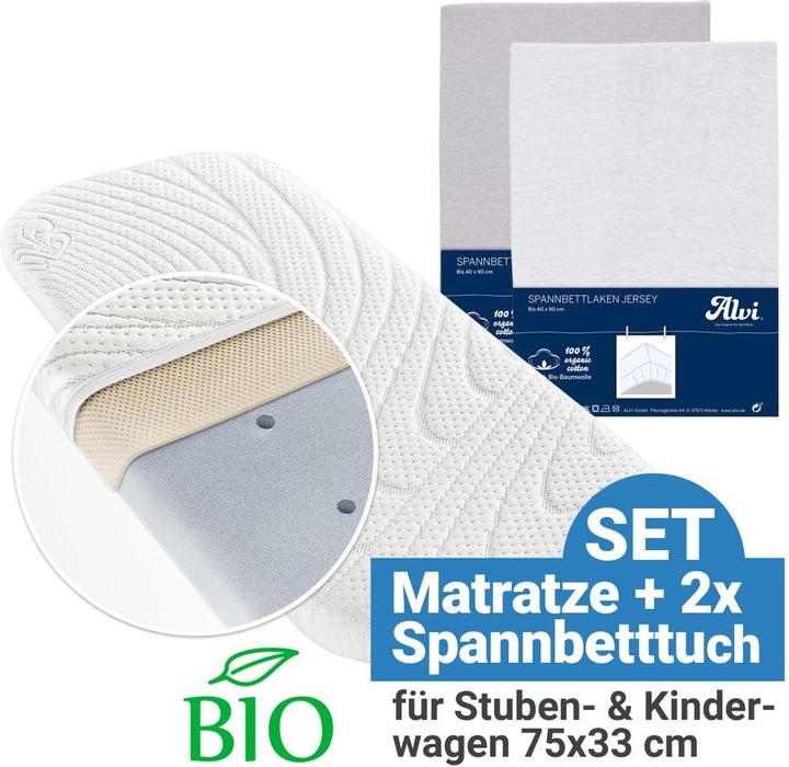 Alvi Babymatratzen & Kindermatratzen 3-tlg. Matratzen-Set für Kinderwagen 75 x 33 cm - Weiss (75 x 33 cm)