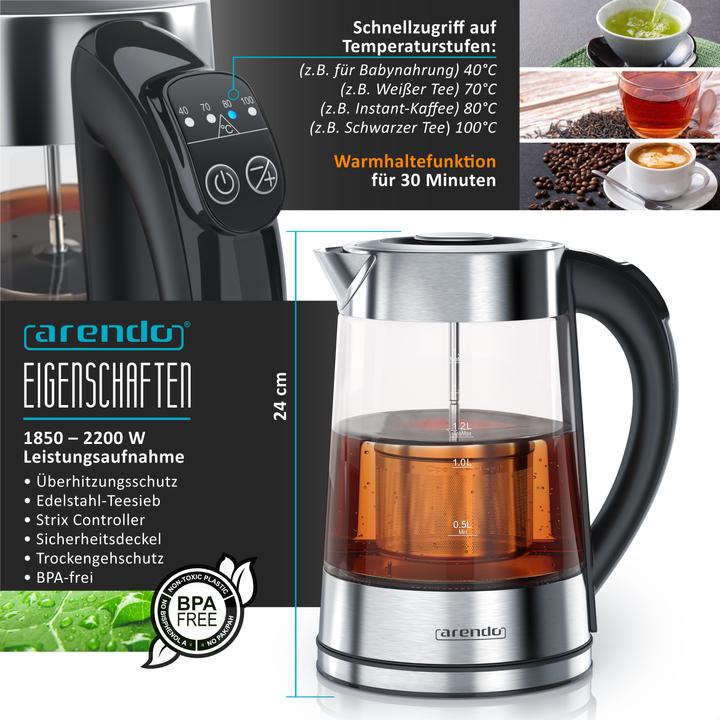 Produktbild Arendo Frühstücks Set, Wasserkocher 1,7l Temperaturwahl, 2-Scheiben Toaster & Eierkocher für 3 Eier, Silber