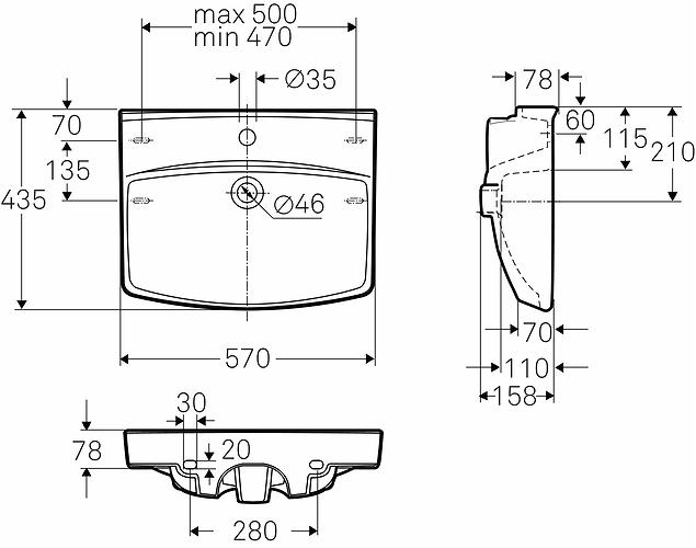 Produktbild Geberit Spira Spülbecken gerade 57cm 15022 - Montagebolzen/Halterungen, mit Hahnloch und Überlauf. Tiefe