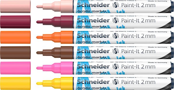 Produktbild Schneider Paint-It Acrylstifte (Set 3 mit 2 mm Rundspitze, hochdeckende Acrylfarben für Holz, Leinwa (Pink, Gelb, Braun, Apricot, Burgundrot, Orange, 2 mm, 6 x)