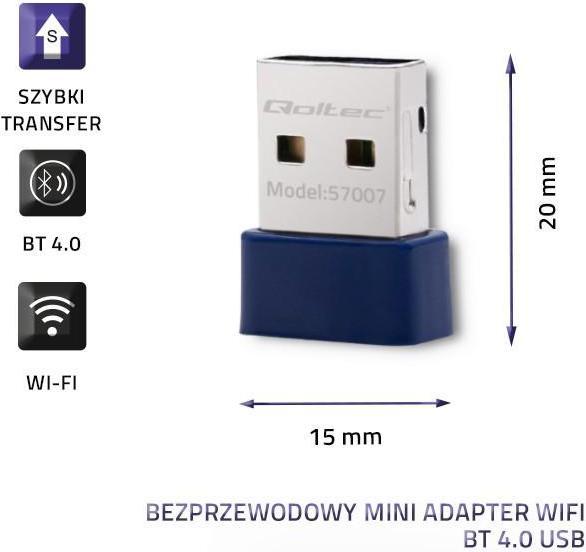 Actual product image Qoltec 57007 Wireless Mini Bluetooth USB WiFi Adapter (Transmitter & Receiver)