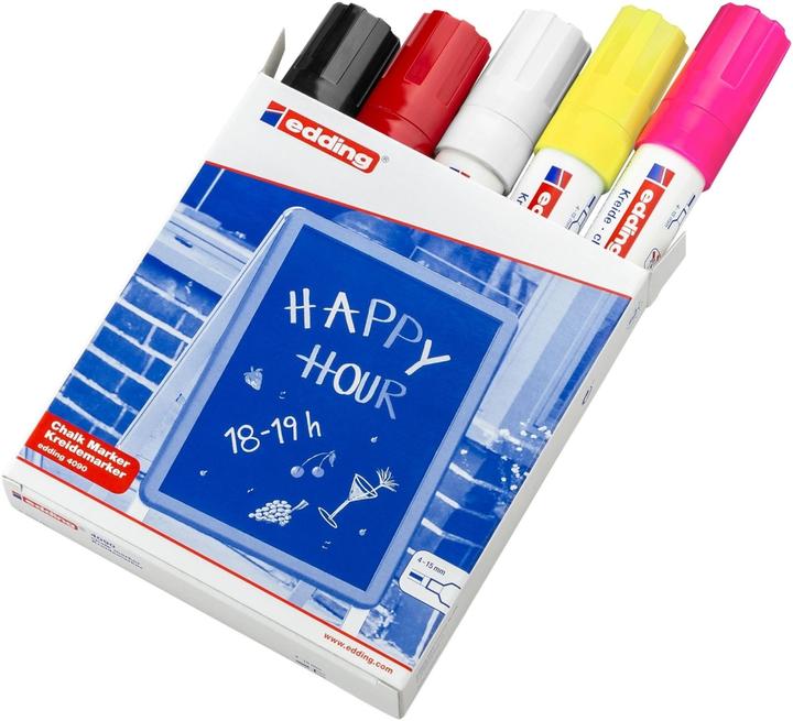 Edding Chalk marker 4090 - bright colours on boards and glass (White, Neon pink, Neon yellow, Black, Red, 15 mm, 5 x)