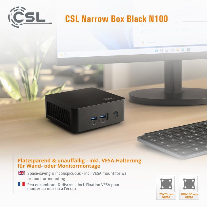 Immagine prodotto CSL Mini-PC Narrow Box Nero / 16GB / 1000 GB M.2 SSD / Win 11 Home (Intel N100, 16 GB, 1000 GB, Grafica Intel UHD)