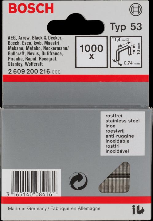 Immagine prodotto Bosch Professional Zubehör Graffetta a filo sottile tipo 53, 11,4 x 0,74 x 10 mm, confezione da 1000 pezzi, acciaio inox