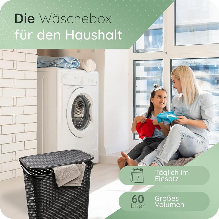 Immagine prodotto Novaliv Rattan Wäschekorb mit Deckel 60L Schwarz, Wäschebox Wäscheeimer Wäschebehälter modern für Ba (60 l)