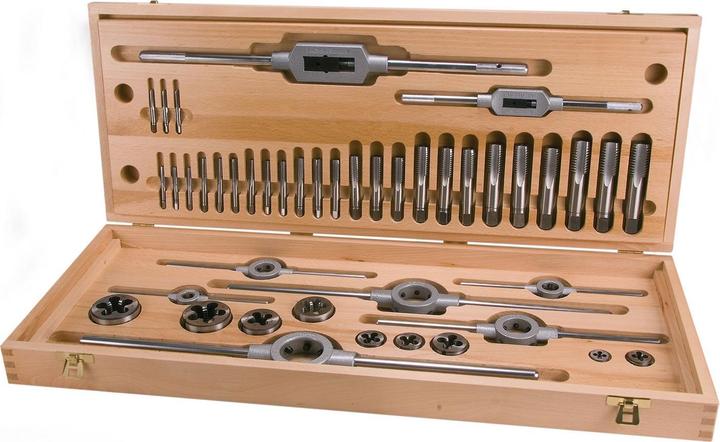 44-piece threading tool set, 4 - 5, 8 - 7, 16 - 1, 8 - 3, 16 - 3, 8 - 1" + 9 UNC dies ≈ DIN EN 22568 - 1, 2 - 5, 4 - 7, 8 - 1" + 6 die holders DIN 225, 20.0 x 7.0 mm - 25.0 x 9.0 mm - 30.0 x 11.0 mm - 38.0 x 10.0 mm - 45.0 x 18.0 mm - 55.0 x 22.0 mm + 2 tap wrenches DIN 1814 size 2 and size 4, One 3-piece set of hand taps UNC ≈ 352 - 1