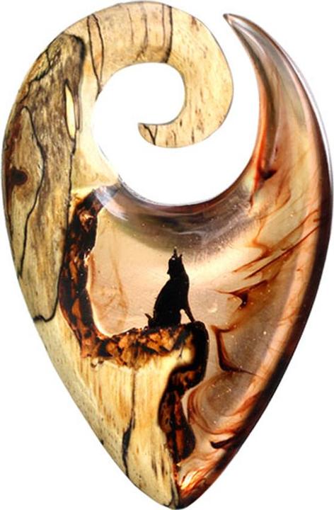 Actual product image Star Piercing Ohrgewicht Spirale Tropenwolf auf Berg Epoxy orange aus Tamarind Holz (Organic, without brass)