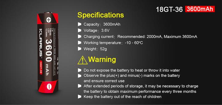 Actual product image Klarus 18650 18GT-36 3600 mAh LiR Akku