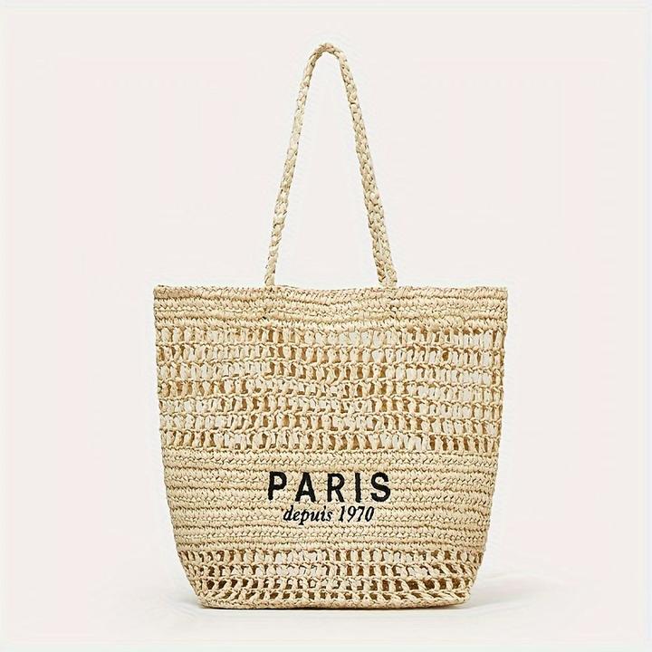 Produktbild Only-Bags.Store Ausgehöhlte Stroh gewebte Einkaufstasche, modische Stickerei-Buchstaben-Umhängetasche, Strandtasche