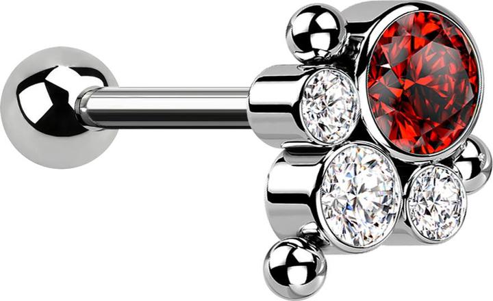 Image du produit Star Piercing Micro Barbell Threadless argent avec boule et trois boules quatre cristaux argent et rouge (sans laiton, Titane G23)