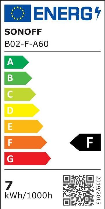 Energie-Label Sonoff B02-F-A60 - Wi-Fi Smart LED Filament Bulb (Cyan) (E27, 7 W, 806 lm, 1 x, F)