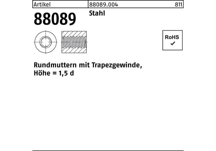 Image du produit Écrou rond R 88089 avec filet trapézoïdal TR 16 x 4 -36 acier hauteur=1,5d