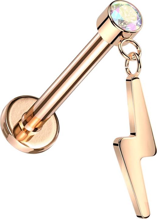 Immagine prodotto Star Piercing Labret micro senza filo in oro rosa cilindro in oro rosa cristallo multicolore pendente fulmine in (Titanio G23, senza ottone)
