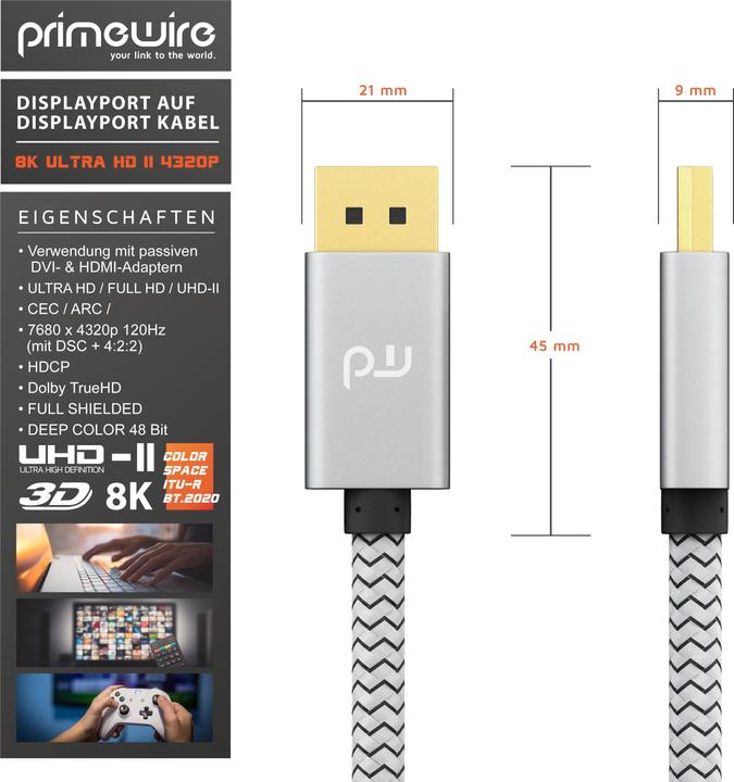 Produktbild Primewire DisplayPort Kabel, 8K Premium DP 1.4 Monitor Kabel, 8k 7680x4320 @ 60 Hz / 4k 3840 x 2160 120Hz (1 m, DisplayPort)