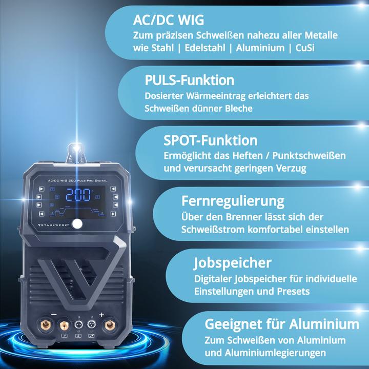 Produktbild Stahlwerk Schutzgas Schweissgerät AC/DC WIG 200 Puls Pro Digital Spot 200 A