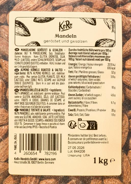 Valeurs nutritives et ingrédients KoRo Amandes grillées et salées (1000 g)