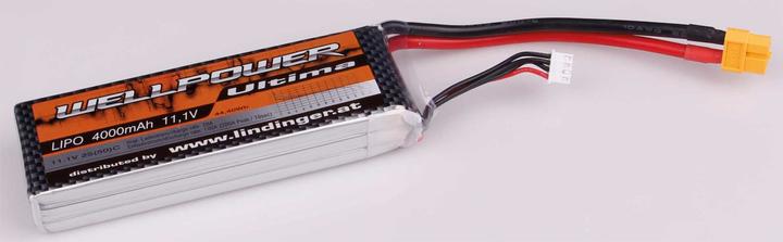 Immagine prodotto Wellpower Batteria Lipo Ultima 4000 mAh / 11,1 Volt 3S 25/50C CH3/5 XT-60 (11.10 V, 4000 mAh)