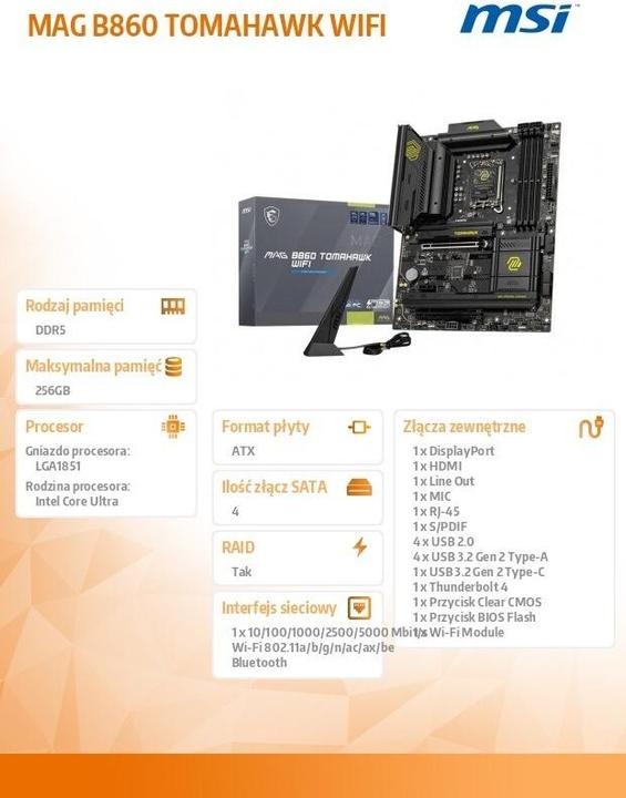 Image du produit MSI MAG B860 TOMAHAWK WIFI (LGA 1851, Intel B860, ATX)