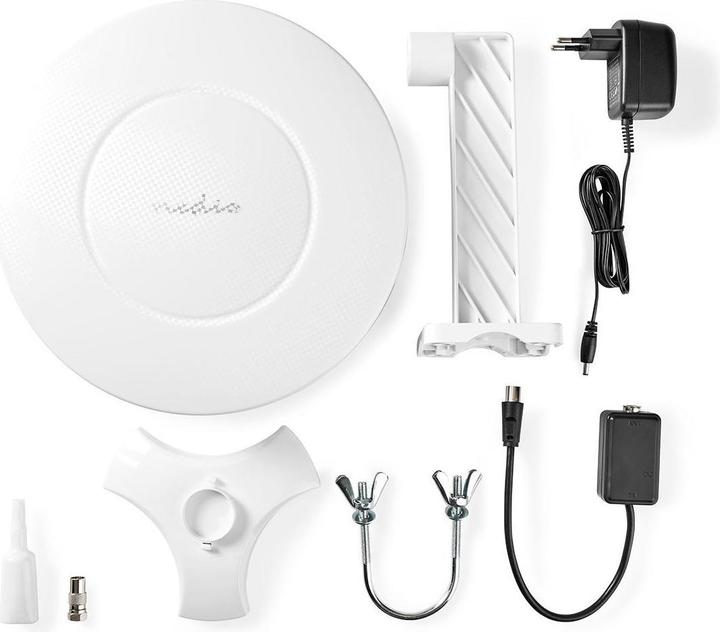 Actual product image Nedis Active HDTV antenna Active Connection type: F connector FM/UHF/VHF Reception range: 0-50 km LTE700 (46 dB, UKW / MW / LW, LTE, DVB-T / -T2)