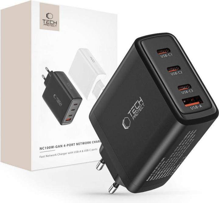 Immagine prodotto Tech-Protect NC100W-GAN Caricabatterie di rete GaN 3x USB-C PD 100W / USB-A QC 3.0 - nero (100 W)