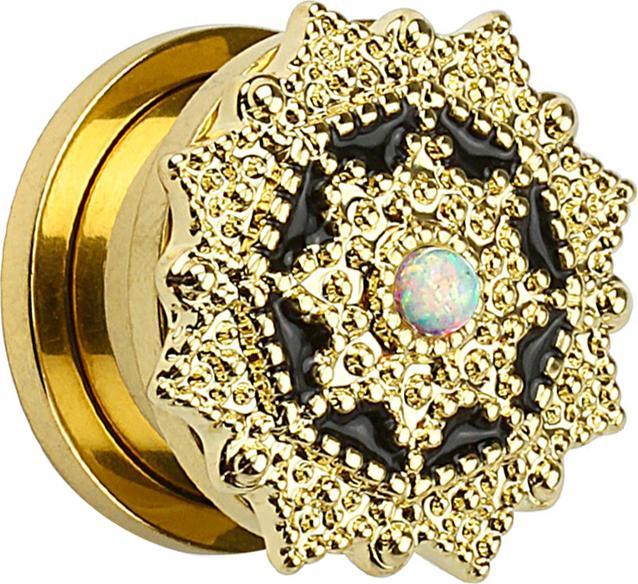 Produktbild Star Piercing Plug Tribal Schild 14k vergoldet mit Opal Kugel (Messing, Chirurgenstahl 316L)
