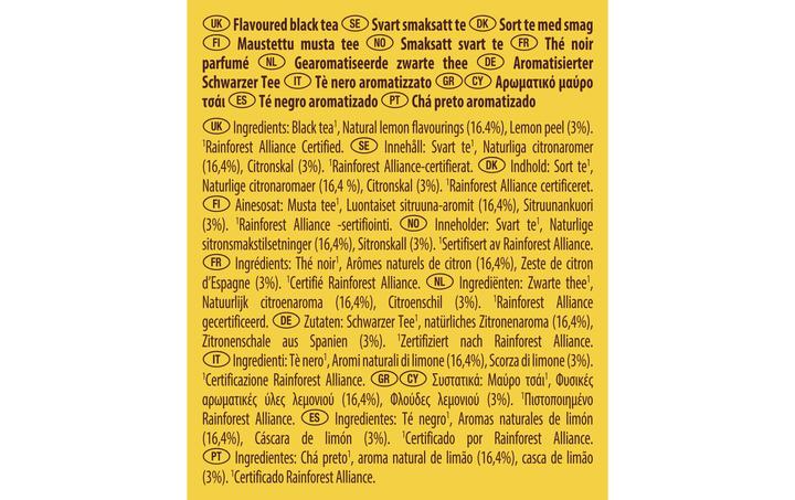 Valeurs nutritives et ingrédients Lipton Thé noir au citron (34 g)
