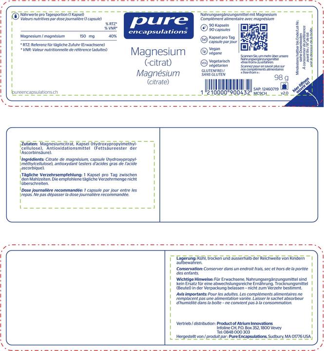 Nährwerte und Zutaten Pure encapsulations Magnesium (-citrat) (90 Stück, Kapseln, 137 g)