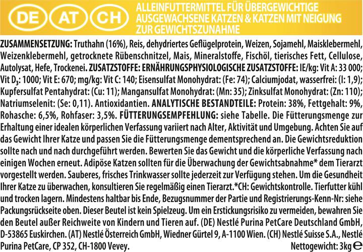 Nährwerte und Zutaten Pro Plan Light (Adult, 1 Stk., 3000 g)