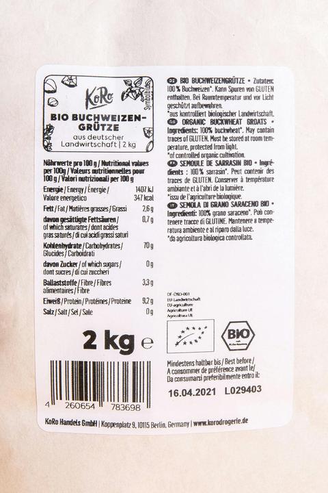 Valeurs nutritives et ingrédients KoRo Gruau de sarrasin bio (2000 g)
