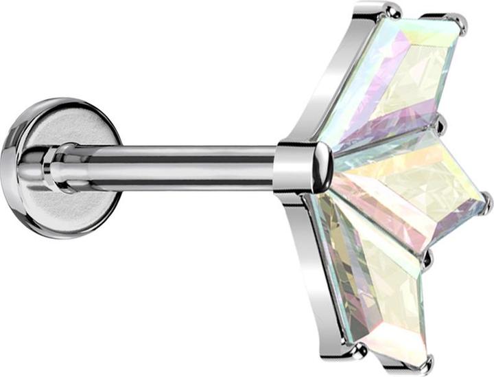 Star Piercing Micro Threadless Labret silber Fächer silber drei Diamant Kristalle multicolor (Titan G23, ohne Messing)