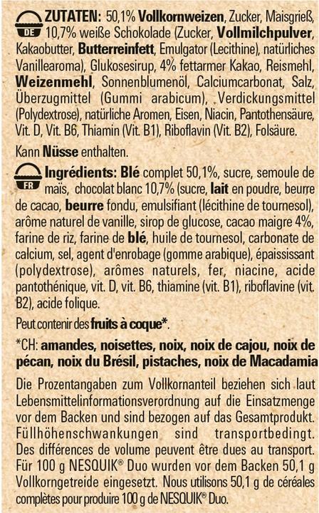 Valeurs nutritives et ingrédients Nesquik Duo Céréales (325 g)