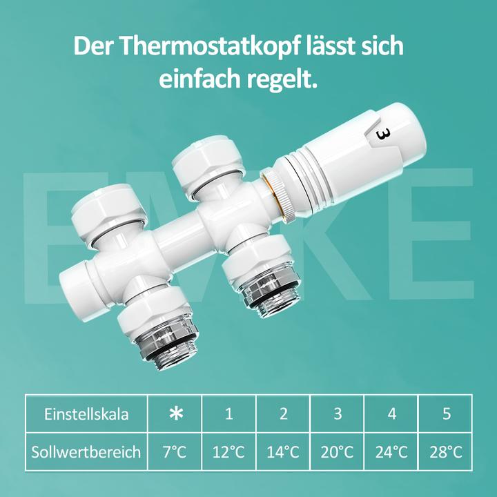 Produktbild Emke Thermostatventil, Universalventil mit Thermostat für Heizkörper, 10 bar, 7 Stufen, Weiss