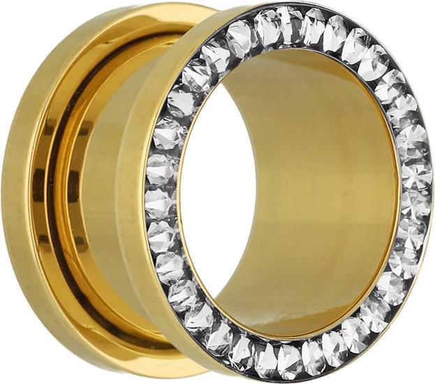 Star Piercing Flesh Tunnel vergoldet mit Kristall silber und Epoxy Schutzschicht (ohne Messing, Chirurgenstahl 316L)