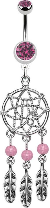 Star Piercing Banane silber mit Anhänger Traumfänger 3 Kugeln und Federn pink (ohne Messing, Chirurgenstahl 316L)