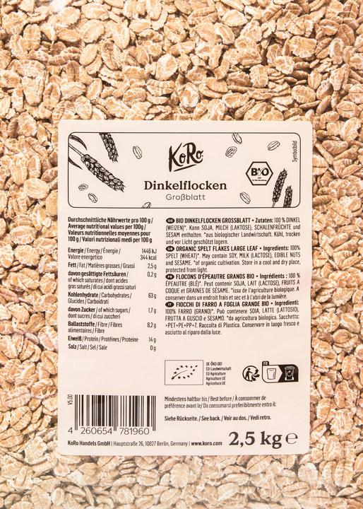 Valori nutrizionali e ingredienti KoRo Fiocchi di farro biologici a foglia larga (2500 g)