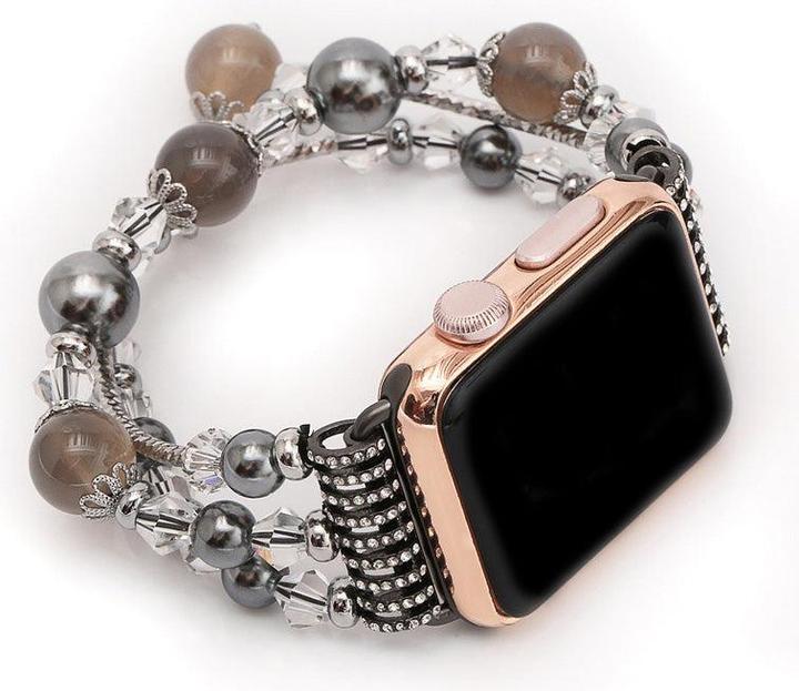 Produktbild Hermex Apple Watch 44mm / 42mm Damen Luxus Charm Armband Perlen SILBER SCHWARZ