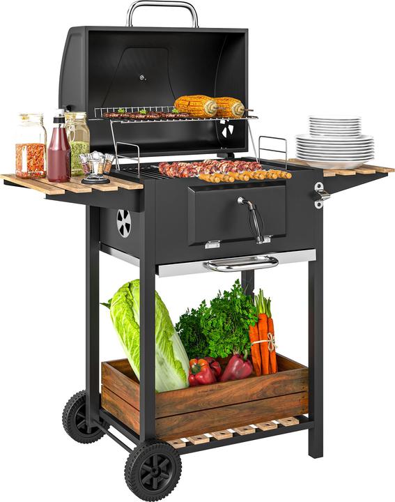 Outsunny Holzkohlegrill Edelstahl, Kiefernholz Schwarz (36 cm)