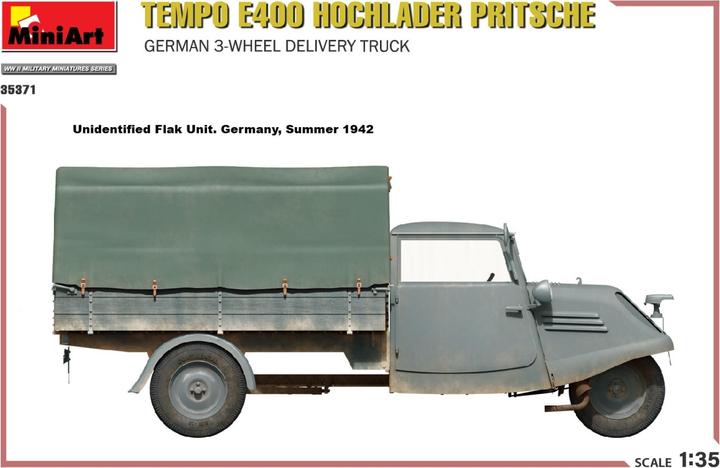 Image du produit Mini art Tempo E400 à plateau surbaissé. Camion de livraison allemand à 3 roues
