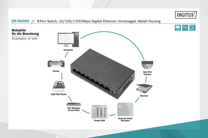 Image du produit Digitus Commutateur Gigabit 8 ports, bureau, Unmanaged, boîtier en métal (8 Ports)