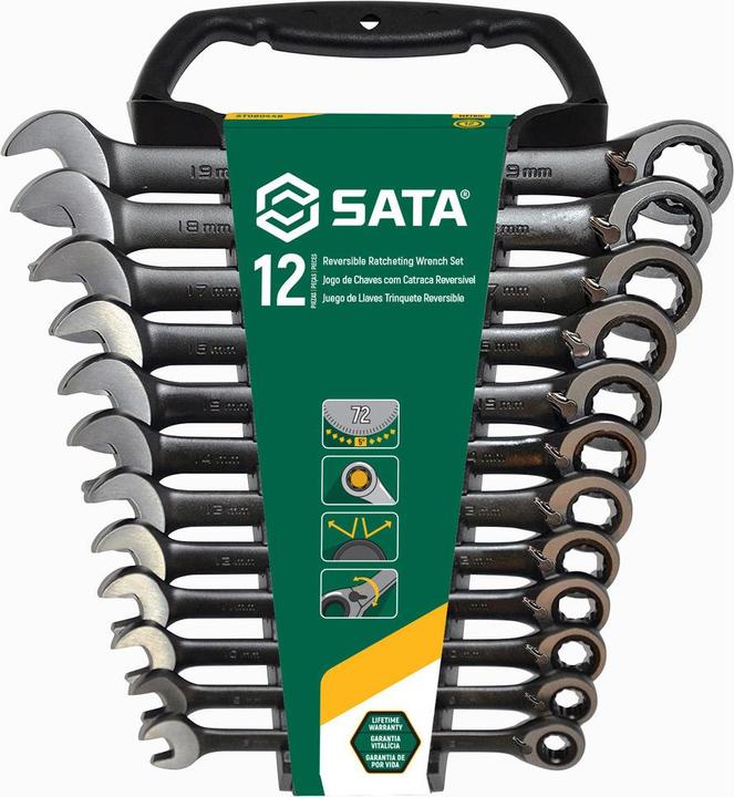 Produktbild SATA ST08044B Umschaltknarrenschlüssel-Set, metrisch, 12-teilig, Schwarz Edition, Grün