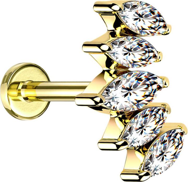 Image du produit Star Piercing Micro Labret Filetage intérieur doré Éventail avec cristaux argentés (Acier chirurgical 316L)