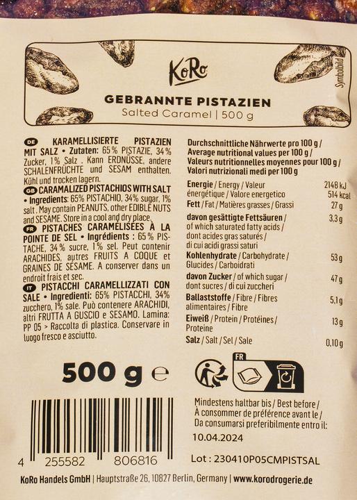 Nutritional values and ingredients KoRo Caramelised pistachios with salt (500 g)