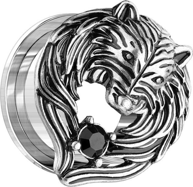 Actual product image Star Piercing Flesh Tunnel Old Silver Wolf with Crystal (Brass, Surgical steel 316L)