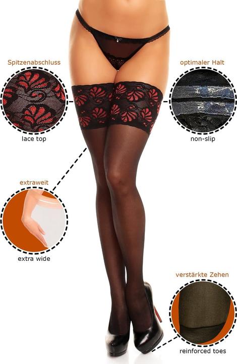 Actual product image Glamory Deluxe 20 stay up stockings, colour black-red, size 56-58 (20 DEN, 56 - 58)