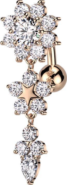 Produktbild Star Piercing Banane rosegold mit Kugel Anhänger zwei Blumen und Blatt Kristalle silber (Messing, Chirurgenstahl 316L)
