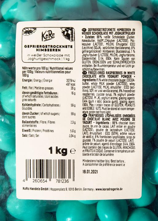 Nutritional values and ingredients KoRo Freeze-dried raspberries in white chocolate (1000 g)