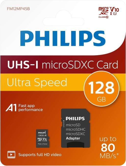 Produktbild Philips MicroSDXC Class 10 UHS-I U1 mit Adapter (128 GB, microSDXC, U1, UHS-I)