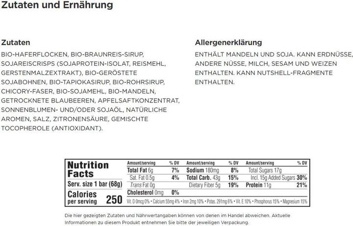 Valeurs nutritives et ingrédients Clif Bar Blueberry Almond Crisp (Doux, Amande, Fruité, Myrtille, Avoine, 1 pcs, 68 g)