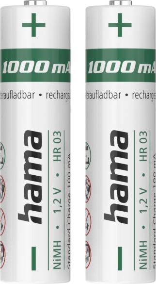 Hama NiMH rechargeable batteries, AAA Micro, 1000 mAh, 1.2 V, ready for immediate use, 2 pcs. (2 pcs., AAA, 1000 mAh)