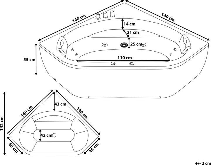 Produktbild Beliani Whirlpool Badewanne schwarz Eckmodell mit LED 140 x 140 cm MEVES (300 l, 140 cm)